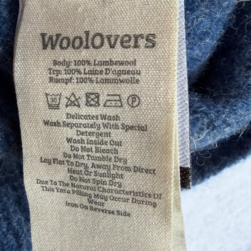 Woolovers 100% Lambswool Blue Henley Sweater Women Medium Cable Knit Pointelle - Picture 5 of 10